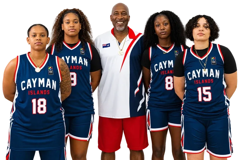 Cayman Islands women's national basketball team players with Head Coach Cory McGee